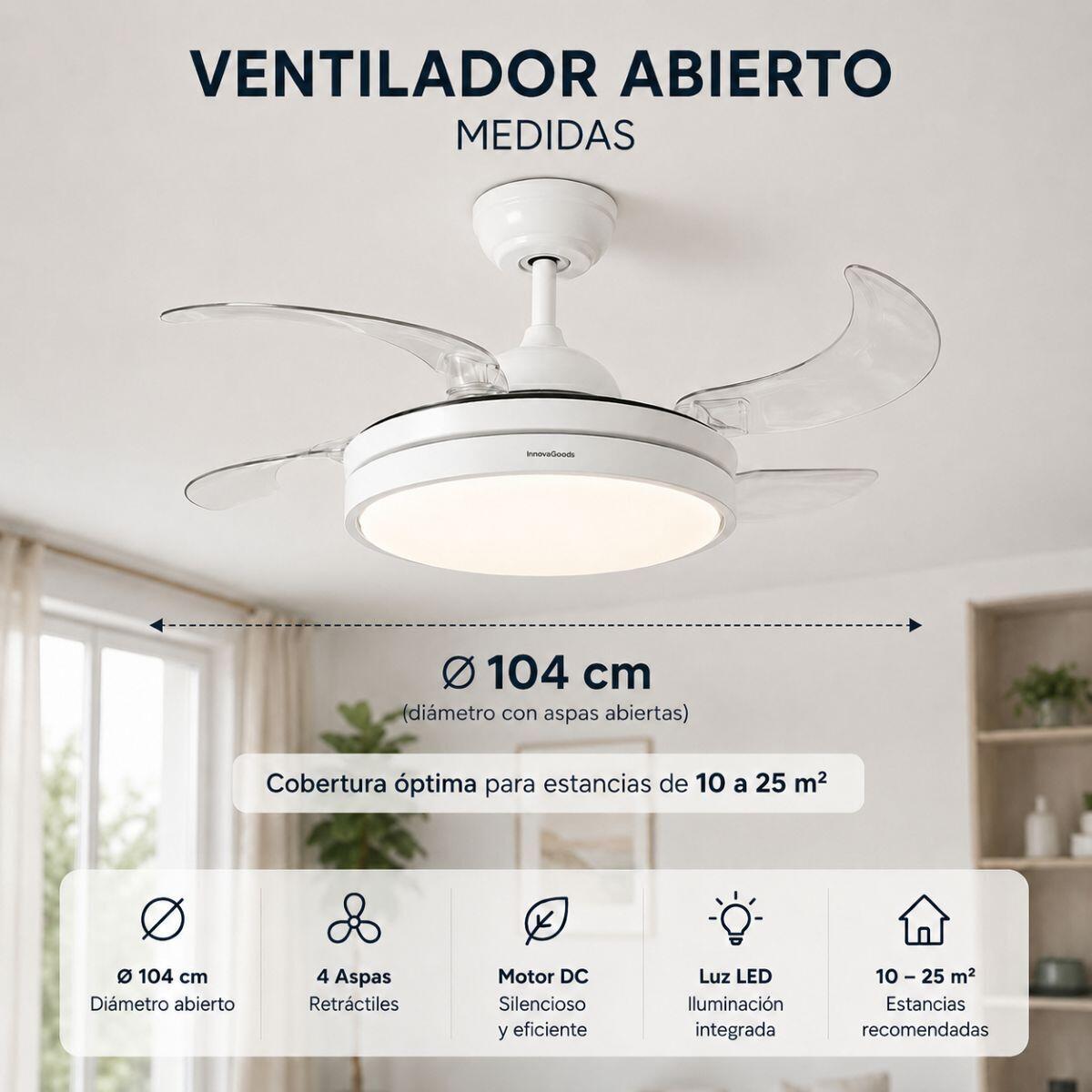 Ventilador de Techo con Luz LED y 4 Aspas Retráctiles