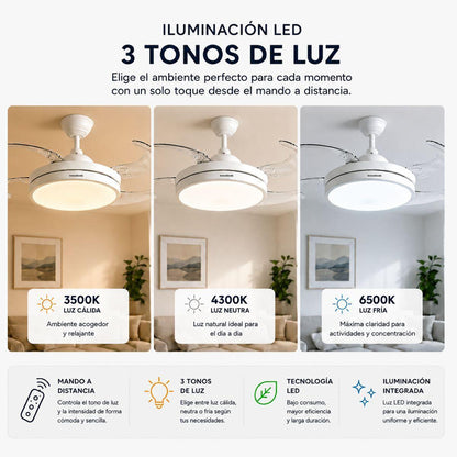 Ventilador de Techo con Luz LED y 4 Aspas Retráctiles