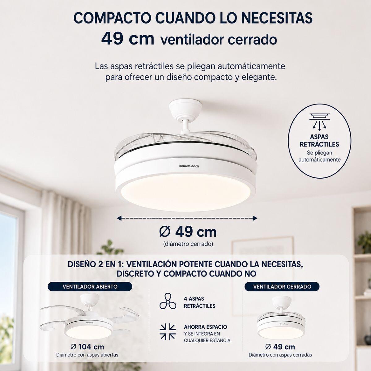 Ventilador de Techo con Luz LED y 4 Aspas Retráctiles